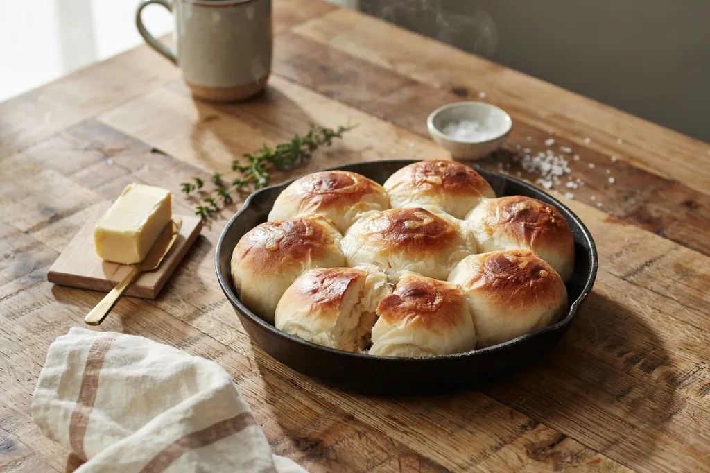 Nine soft sourdough dinner rolls baked touching in a cast-iron skillet, one pulled up showing a soft shreddy interior.