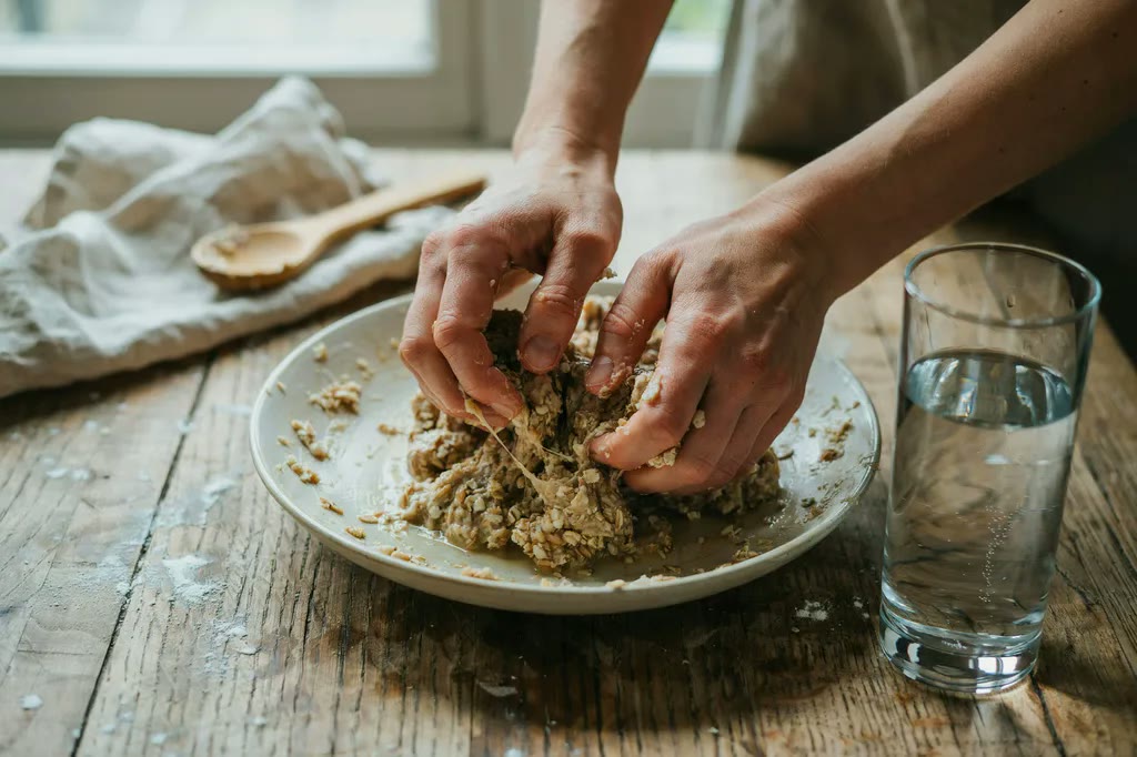 Hands working a wet, slack fresh milled dough that clings in strands to the fingers.
