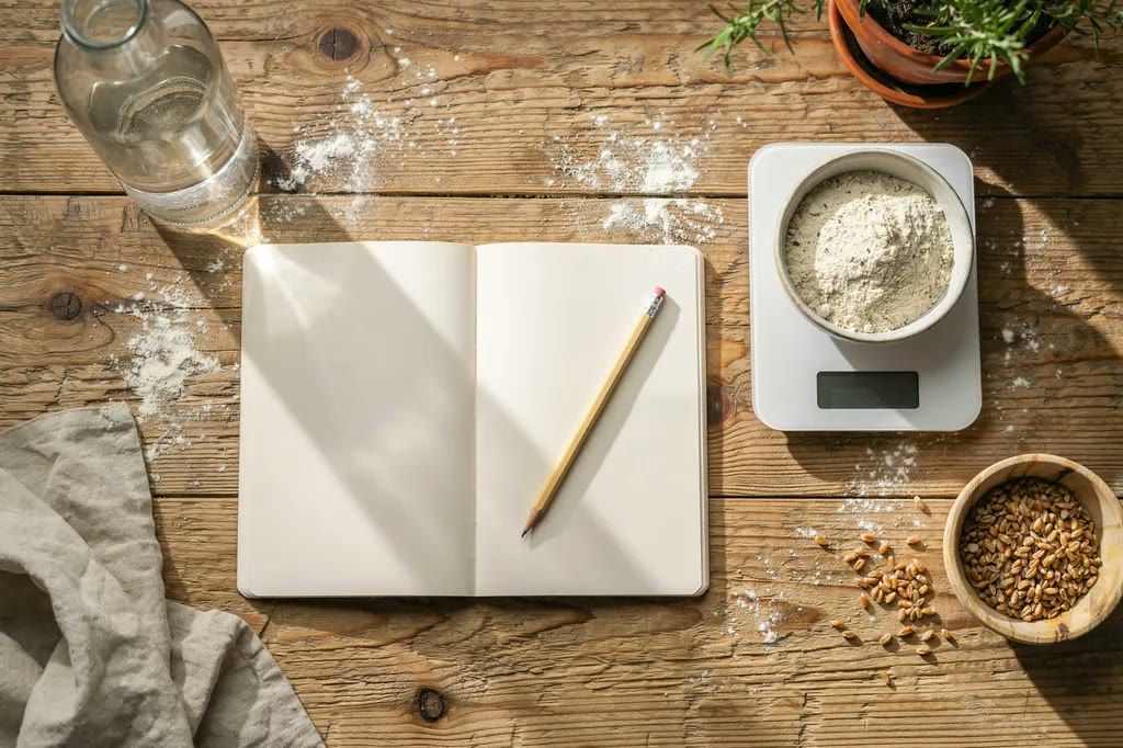 An open notebook on a floured counter beside a kitchen scale holding fresh milled flour, set up for converting a recipe.
