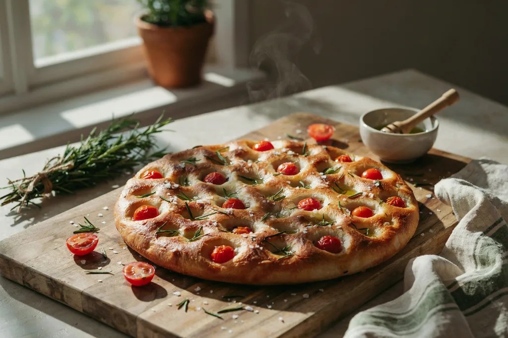 A sourdough focaccia densely covered with fresh rosemary sprigs and halved cherry tomatoes pressed into the dimples.
