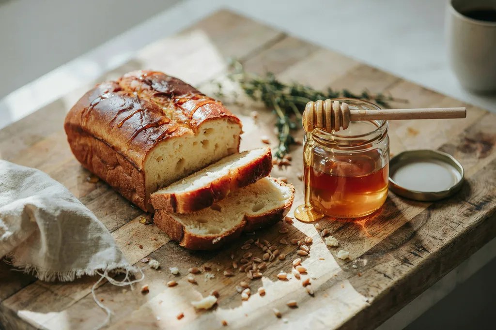 A glossy honey-glazed sandwich loaf with a honey dipper and open jar beside it, two slices showing a soft golden crumb.