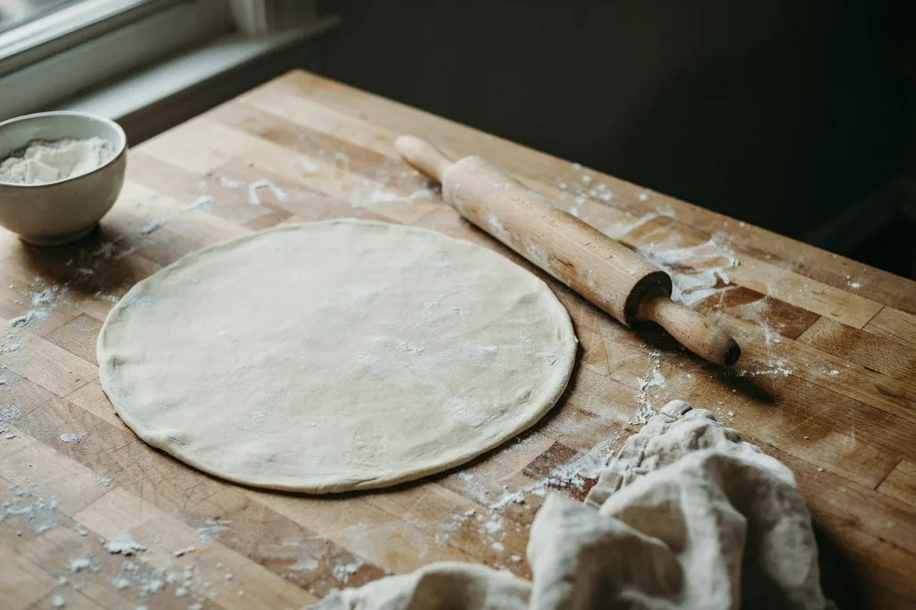 A very thin disc of raw pizza dough rolled out flat on a floured counter with a rolling pin beside it.