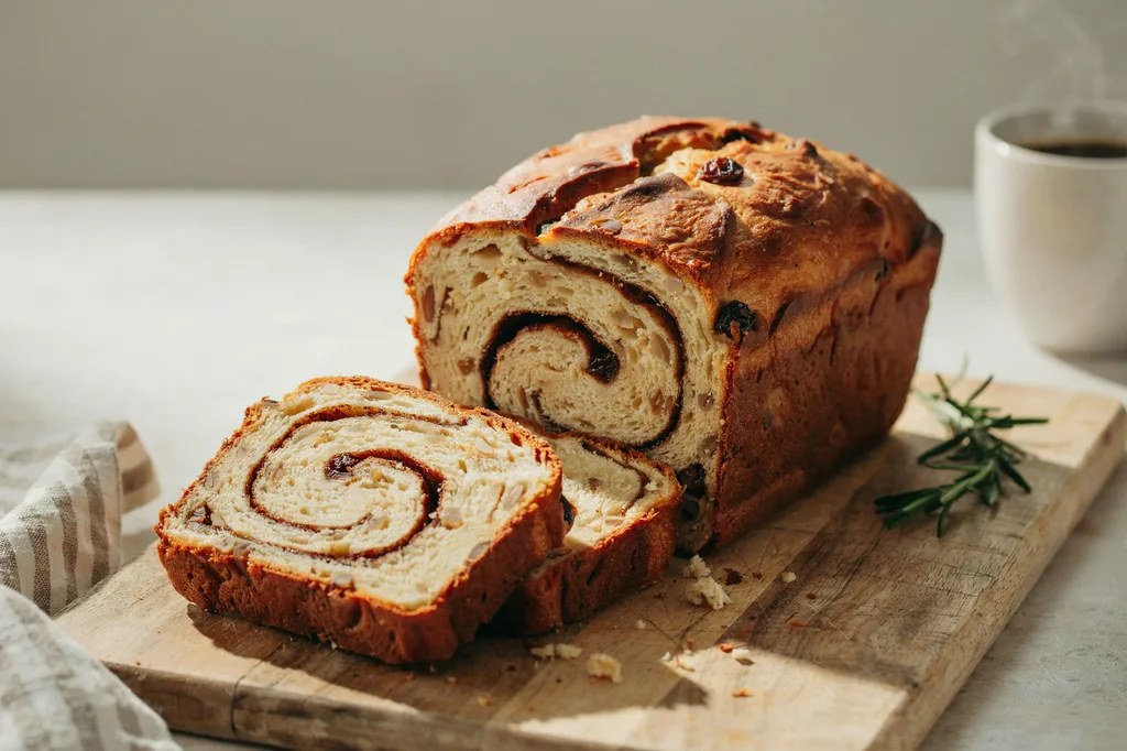 A sliced pan loaf showing a tight dark cinnamon spiral coiled through a soft whole grain crumb.