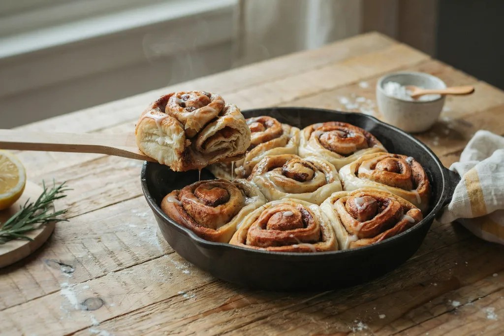 Nine whole grain sourdough cinnamon rolls baked together in a cast-iron skillet, glazed and glossy, one lifted on a spatula.