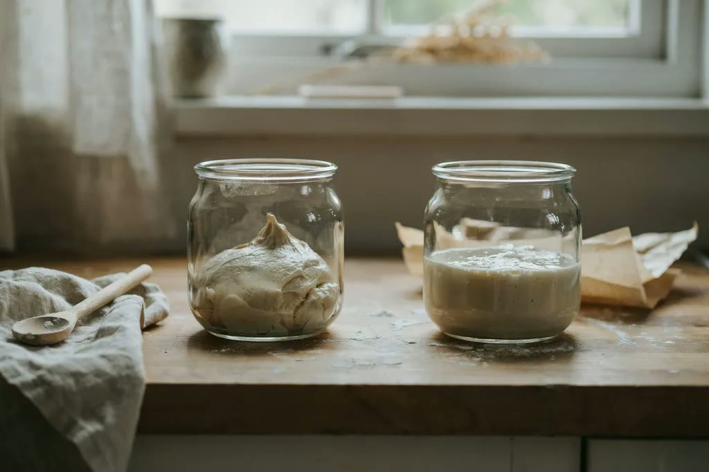 Two glass jars side by side, one holding a firm stiff levain that holds its shape and one holding a loose, bubbly liquid levain.