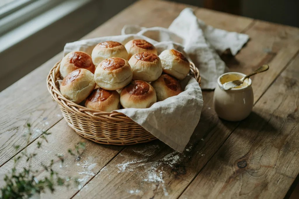 A linen-lined basket of soft round dinner rolls with glossy butter-brushed tops, a crock of butter beside it.