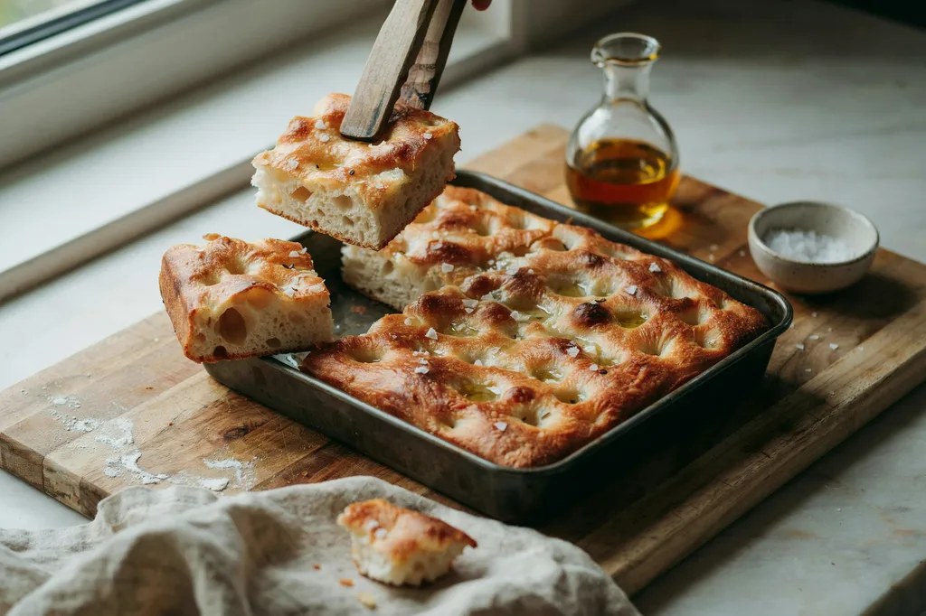 A dimpled sourdough focaccia glossy with olive oil and flaky salt, two squares lifted showing a very open interior.
