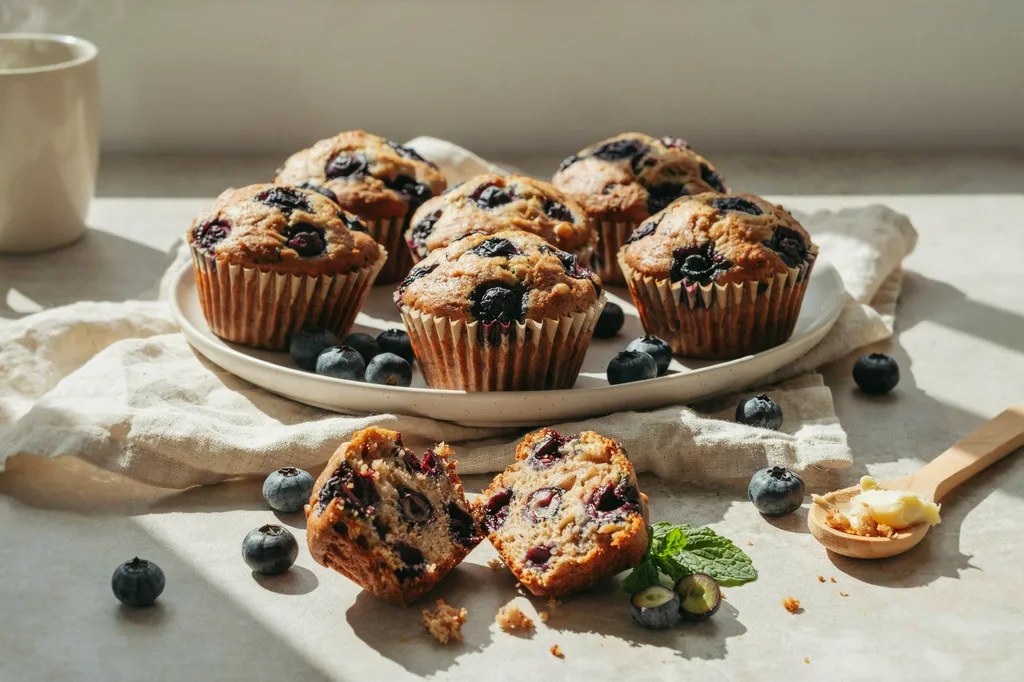 Six whole grain blueberry muffins with craggy domed tops, one broken open showing whole berries in a speckled crumb.