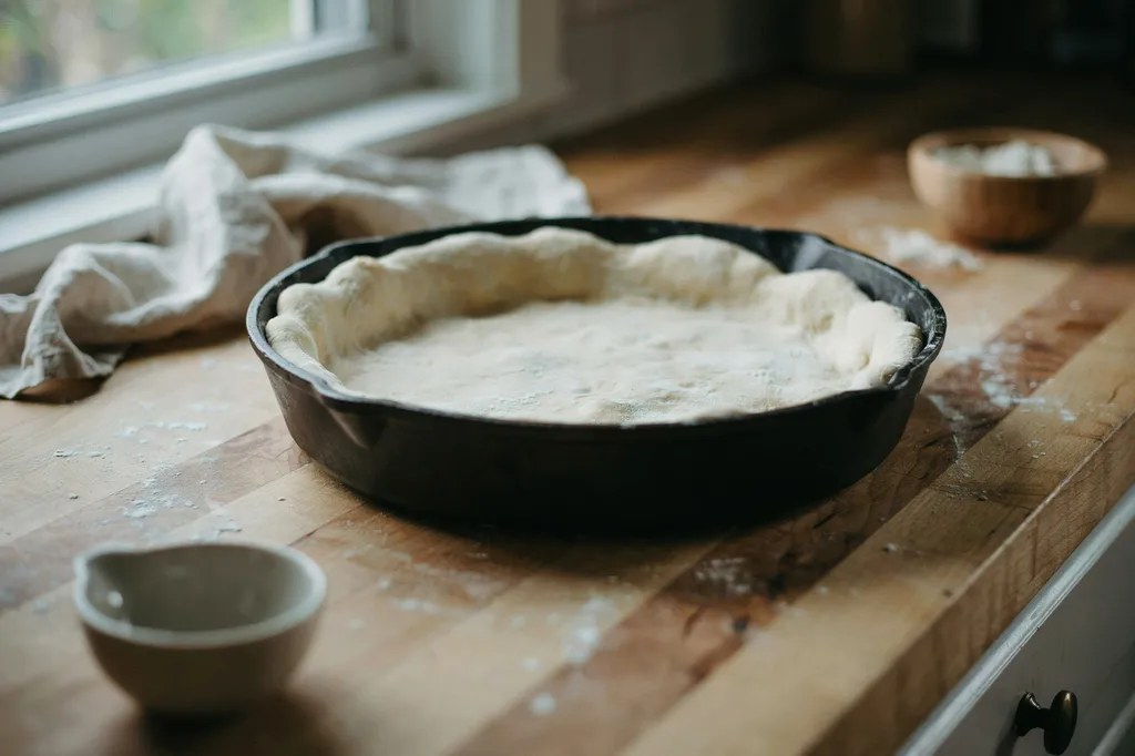 Raw deep-dish pizza dough pressed up the sides of a cast-iron pan, edges risen and pillowy, dusted with flour.
