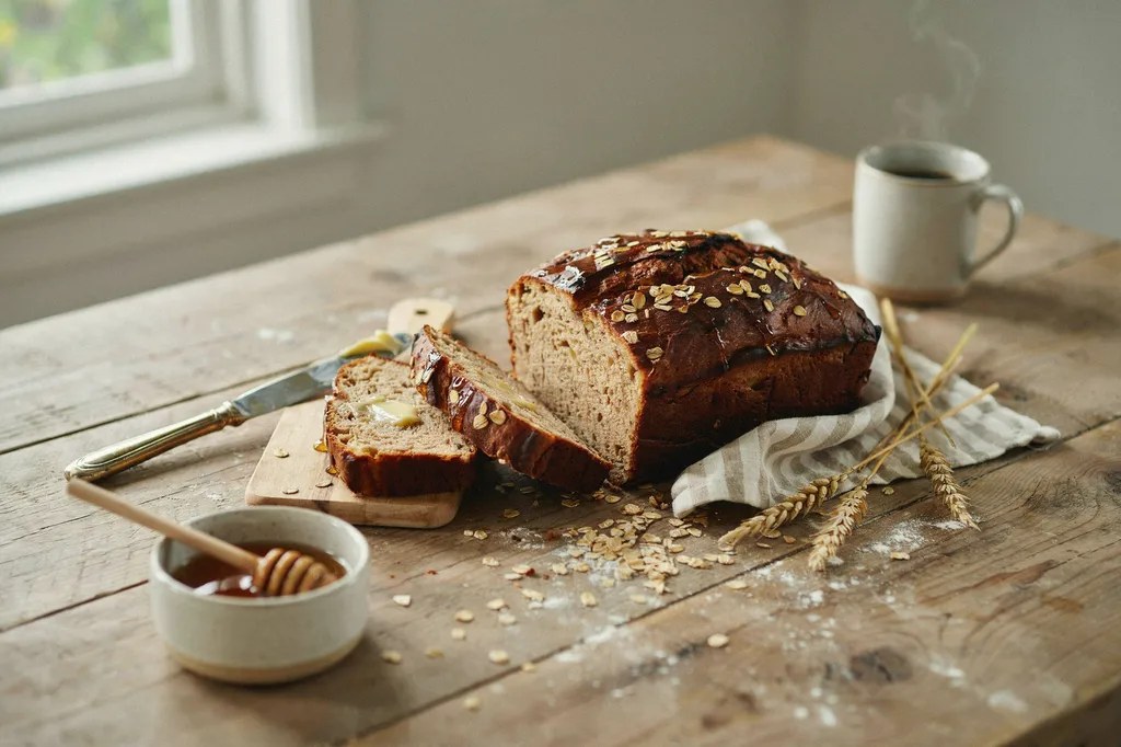 A rustic whole wheat honey loaf topped with rolled oats, one thick slice cut and buttered.
