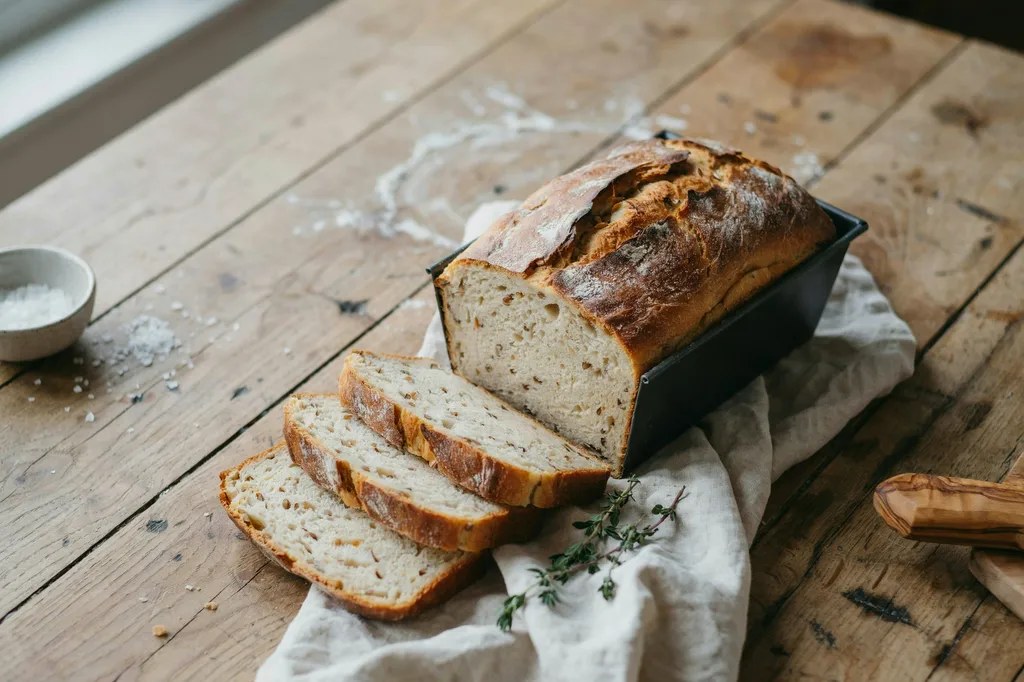 A tall golden spelt sandwich loaf with slices fanned beside it showing a soft light-tan crumb flecked with bran.