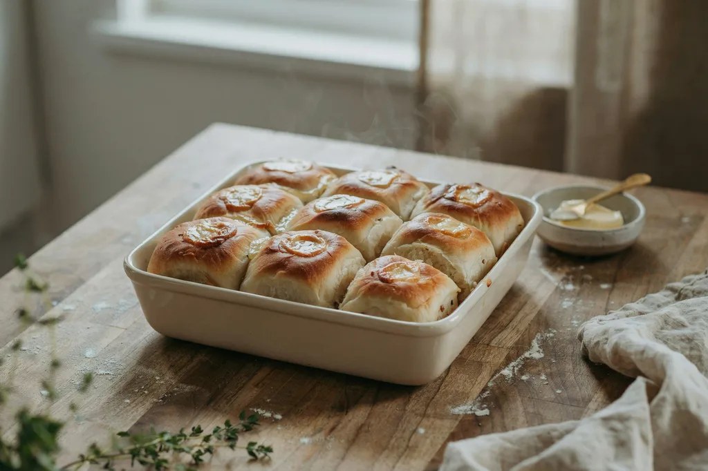 Twelve soft whole grain dinner rolls baked together in a square dish, butter-brushed tops, one pulled slightly away.