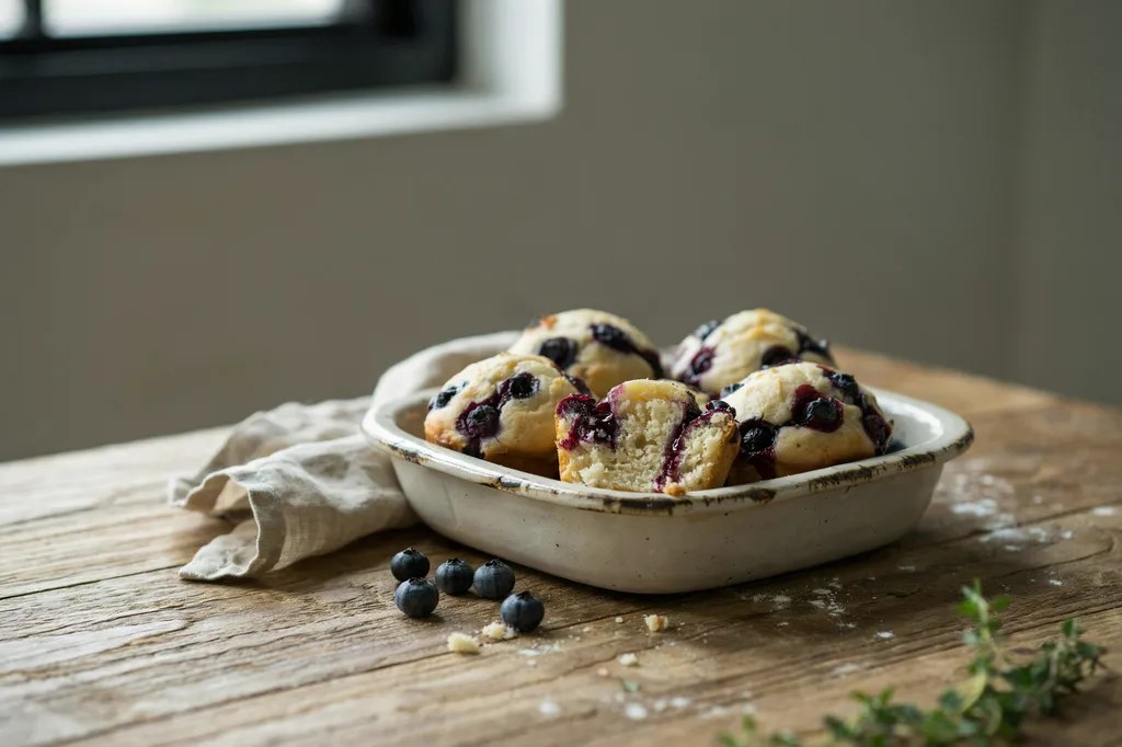 Einkorn blueberry muffins in a rustic dish, paler than whole wheat, one halved showing a fine crumb streaked with berry juice.