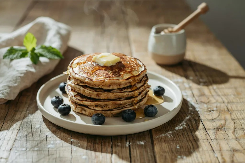 A short stack of whole grain sourdough discard pancakes with butter melting on top and maple syrup running down the side.