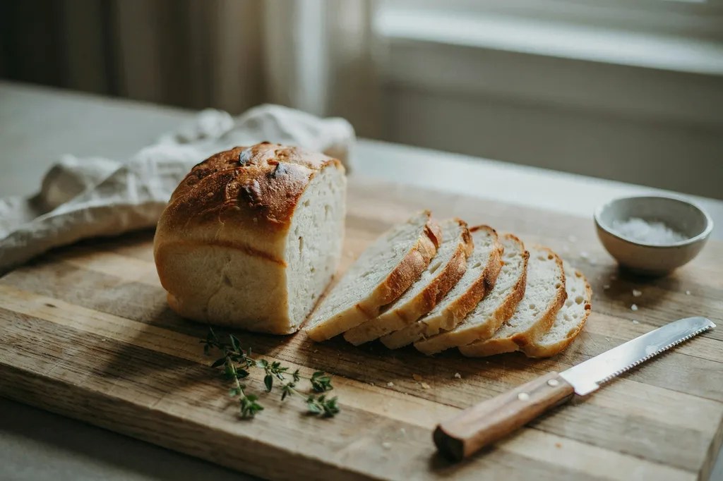 A tall soft sourdough sandwich loaf with a domed top, half sliced into even sandwich-thickness slices.