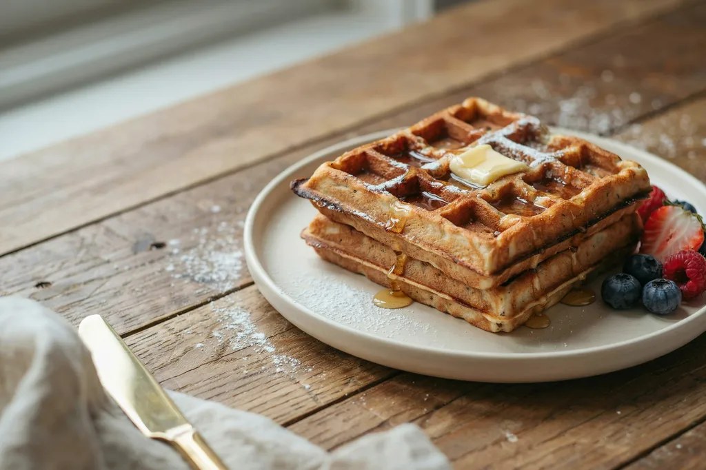 Two thick Belgian-style whole wheat waffles with deep pockets, butter melting into the squares and syrup pooling.
