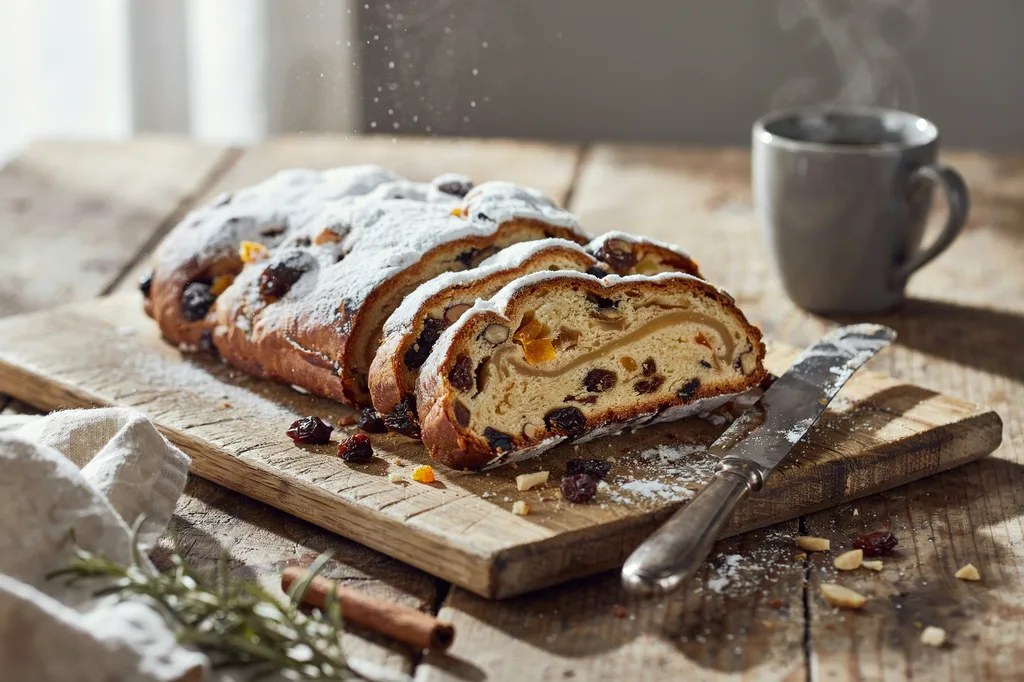 A Christmas stollen heavily dusted with powdered sugar, slices showing dried fruit and a ribbon of marzipan.