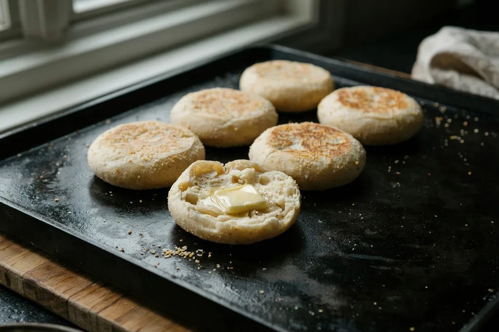 Whole grain English muffins on a cast-iron griddle, one split by hand showing the craggy nooks inside.