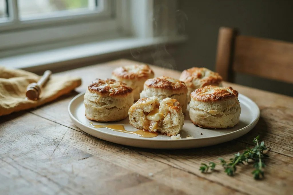 Tall whole grain buttermilk biscuits with visible flaky layers, one split open with butter melting into it.