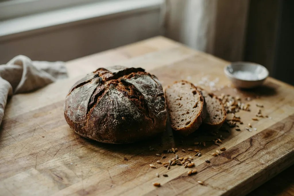 A dark round rye sourdough loaf with a heavily floured crackled crust, dense dark slices cut beside it.