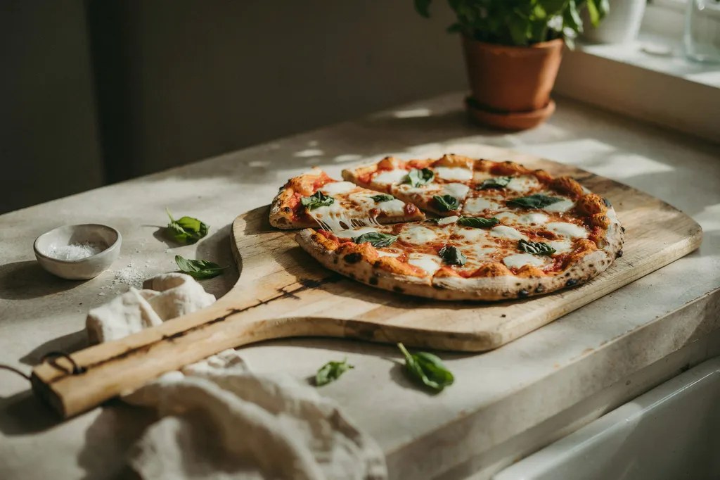 A baked sourdough pizza on a wooden peel with a leopard-spotted charred rim, one slice pulled away with a cheese stretch.