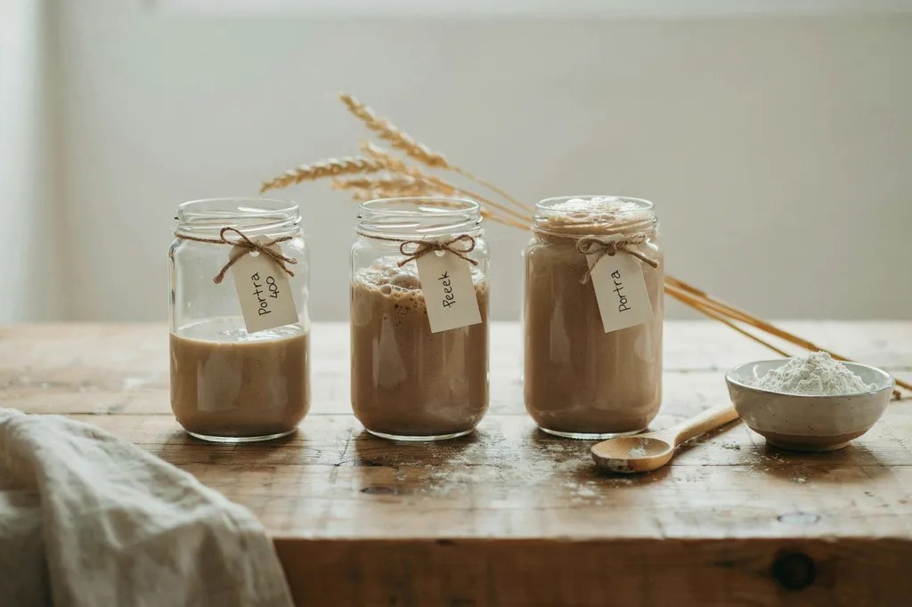 Three glass jars showing a sourdough starter at three stages: flat and dull, beginning to bubble, and fully risen and domed.