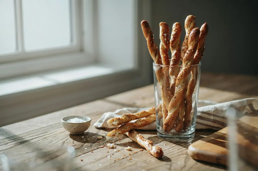 Long thin golden whole grain breadsticks standing in a glass tumbler, scattered with coarse salt and sesame.