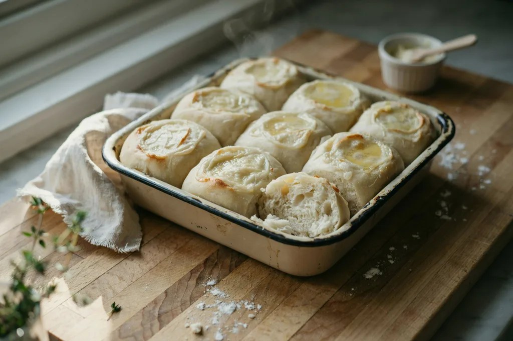 Pale, squat, pillowy potato rolls in a baking dish, one torn open showing an extremely soft fine crumb.
