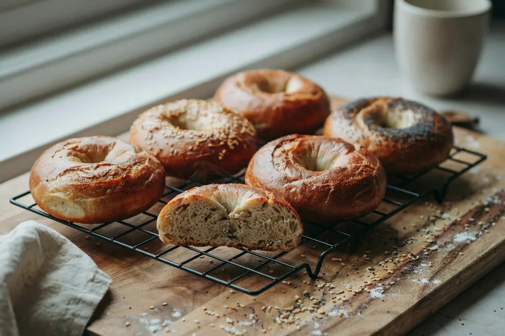 Whole wheat bagels on a wire rack, glossy from boiling, some seeded, one sliced showing a dense chewy interior.