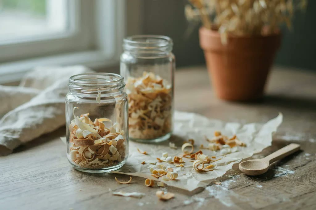 Dried sourdough starter flakes in a small glass jar, thin and brittle, broken up on parchment beside it.
