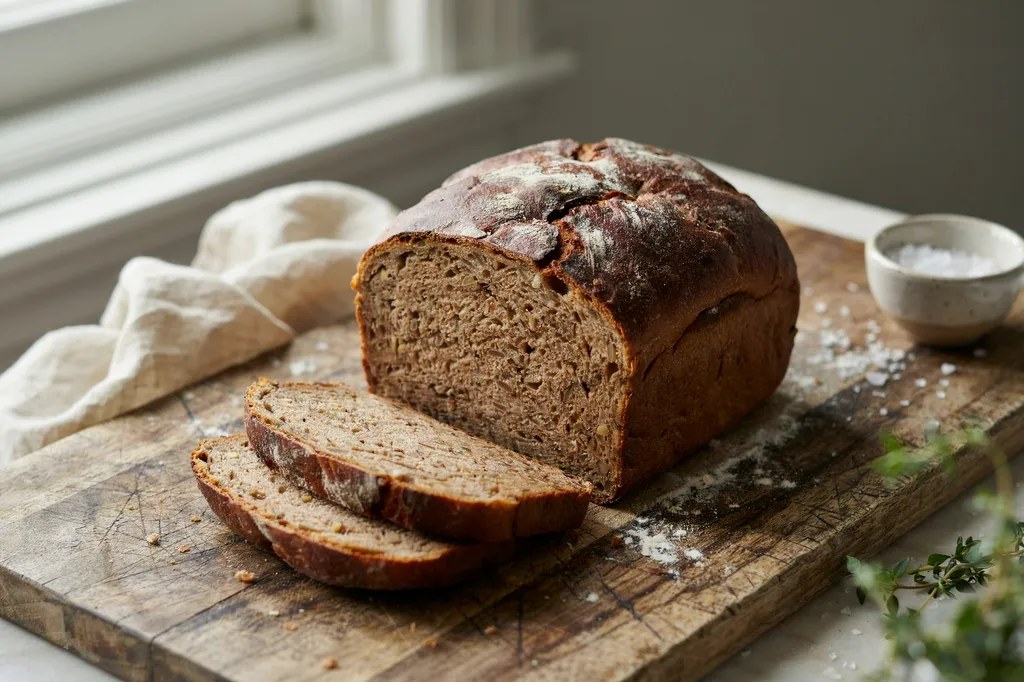 A hearty dark reddish-brown hard red wheat sandwich loaf, sliced to show a robust dense speckled crumb.