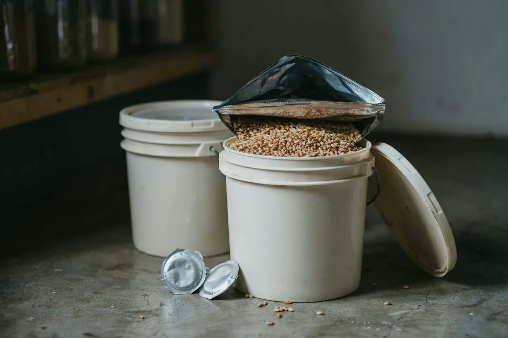 Wheat berries in a Mylar bag inside a food-grade bucket, with oxygen absorber packets ready for sealing.