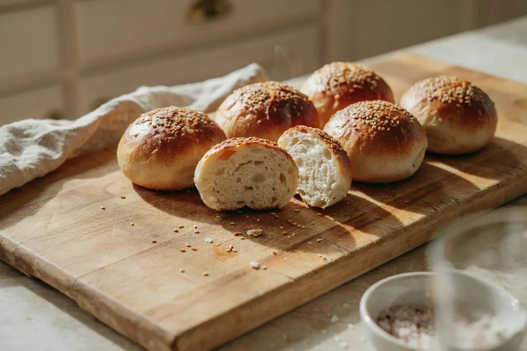 Six sourdough hamburger buns with glossy sesame-topped domes, one sliced horizontally showing a soft sturdy crumb.