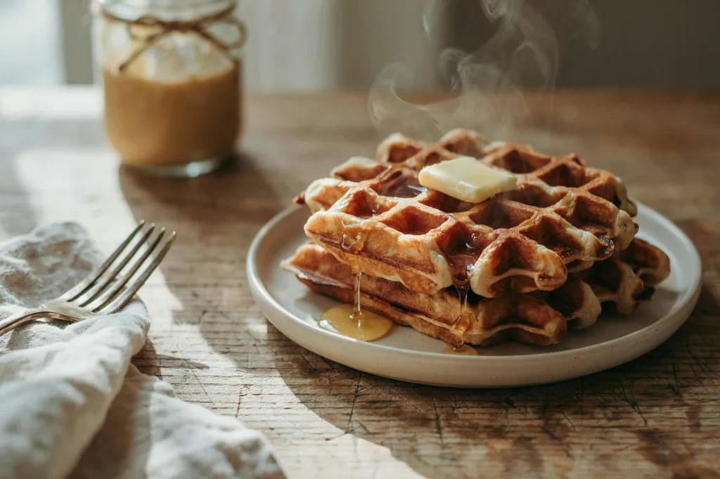 Two crisp golden sourdough discard waffles stacked on a plate, steam rising, butter and syrup running into the pockets.