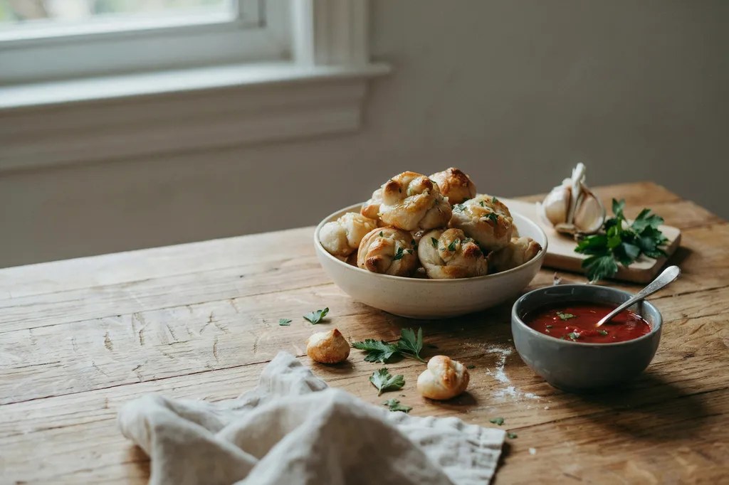 A bowl of knotted whole grain garlic knots glossy with garlic butter and flecked with parsley, beside marinara.