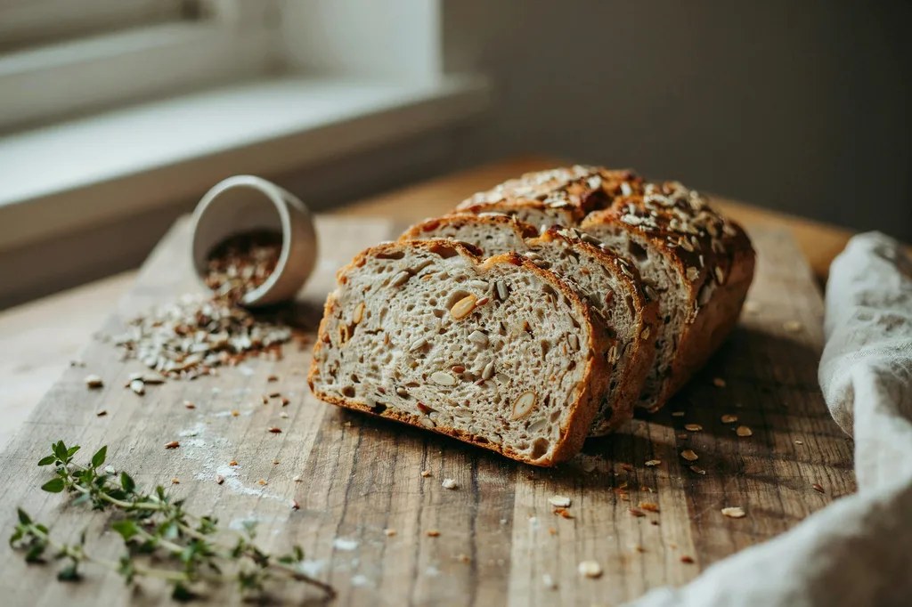 A multigrain loaf crusted with sunflower seeds, oats and flax, sliced to show a dense crumb studded with whole grains.