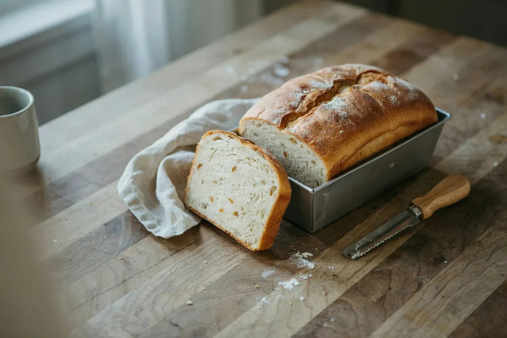 A simple golden fresh milled sandwich loaf in a metal pan with one thick slice leaning against it.