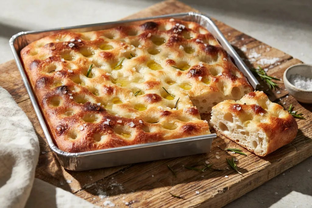 A deeply dimpled high-hydration focaccia glossy with olive oil, one corner cut away showing an open bubbly interior.