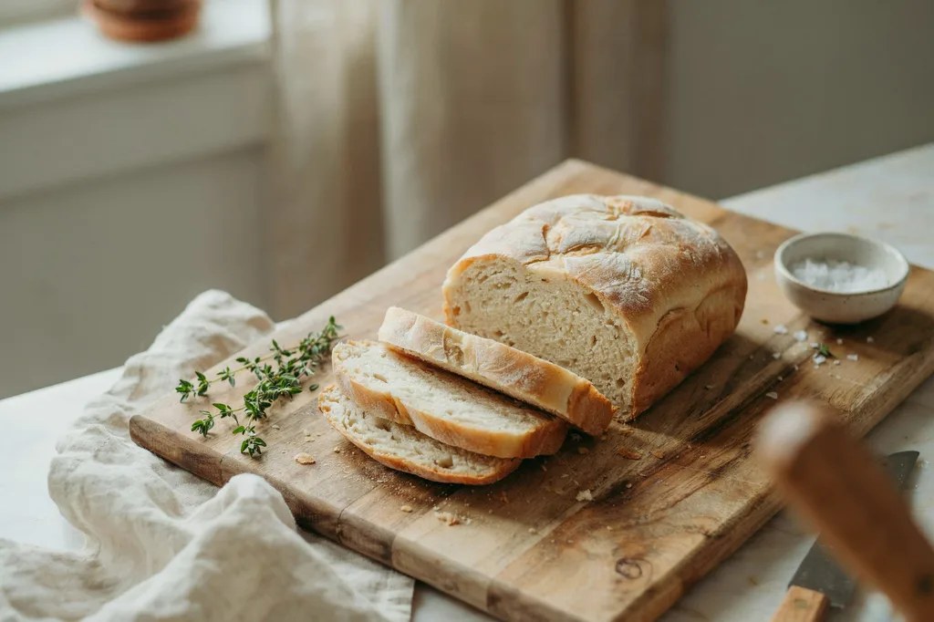 A pale golden hard white wheat sandwich loaf, noticeably lighter than dark whole wheat, sliced to show a tender tan crumb.
