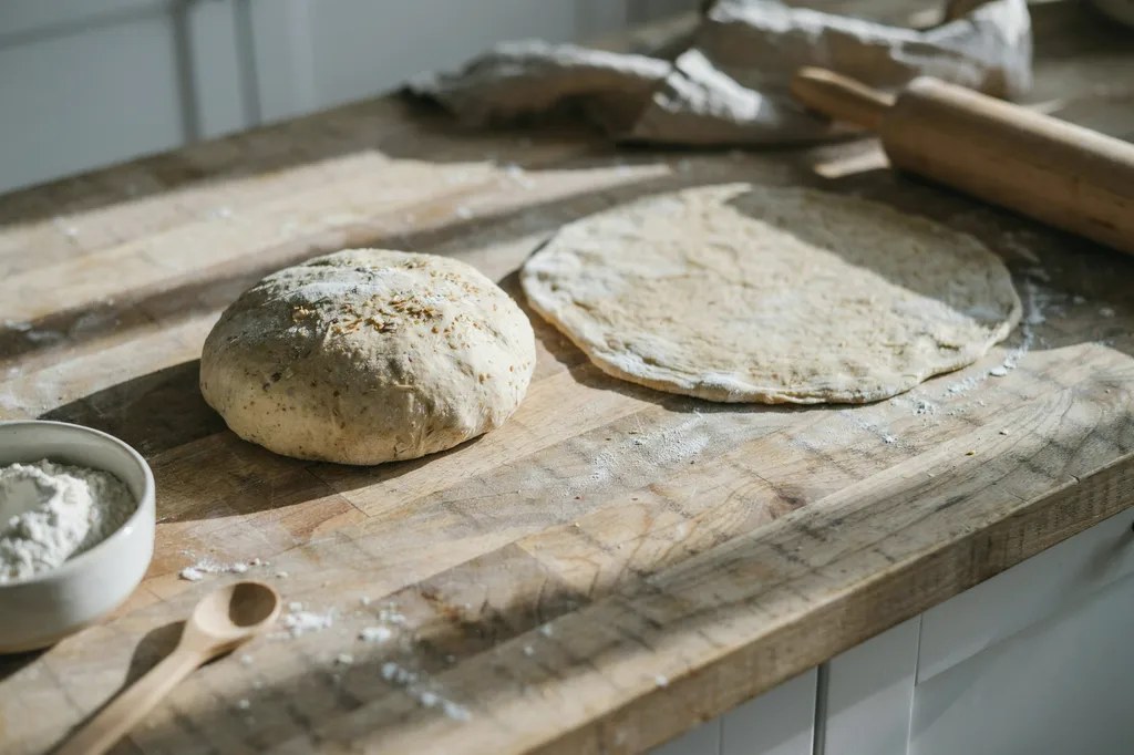 A ball of raw fresh milled pizza dough on a floured counter beside a second disc stretched out with an airy bubbled rim.