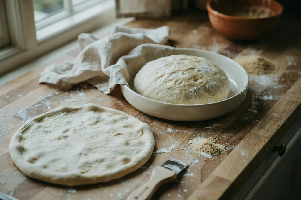 A visibly bubbly ball of raw sourdough pizza dough proofing in a container, with a second stretched into a rough disc.