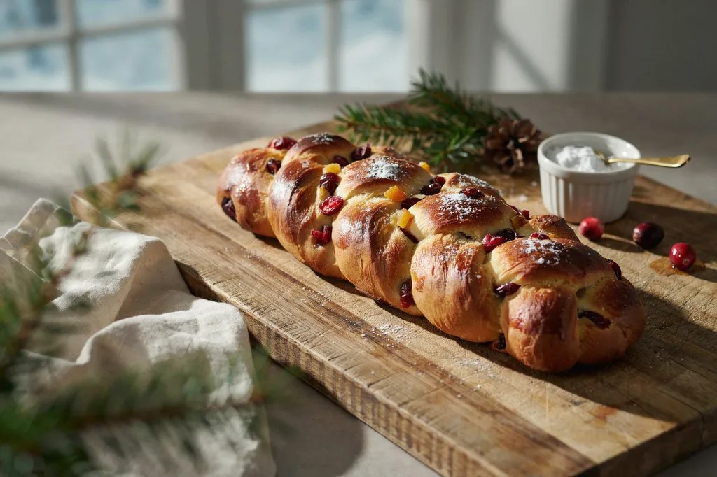 A braided Christmas loaf with a glossy golden crust studded with dried cranberries and candied peel, dusted with sugar.