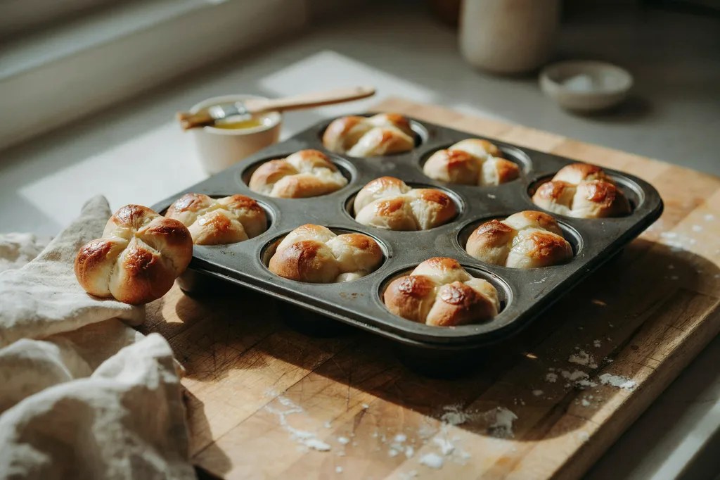 Cloverleaf dinner rolls in a muffin tin, each risen into a distinct three-lobed shape, one lifted out.