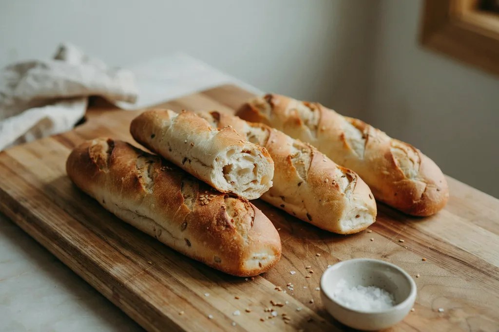 Long torpedo-shaped whole grain hoagie rolls with slashed crisp tops, one split lengthwise ready for filling.